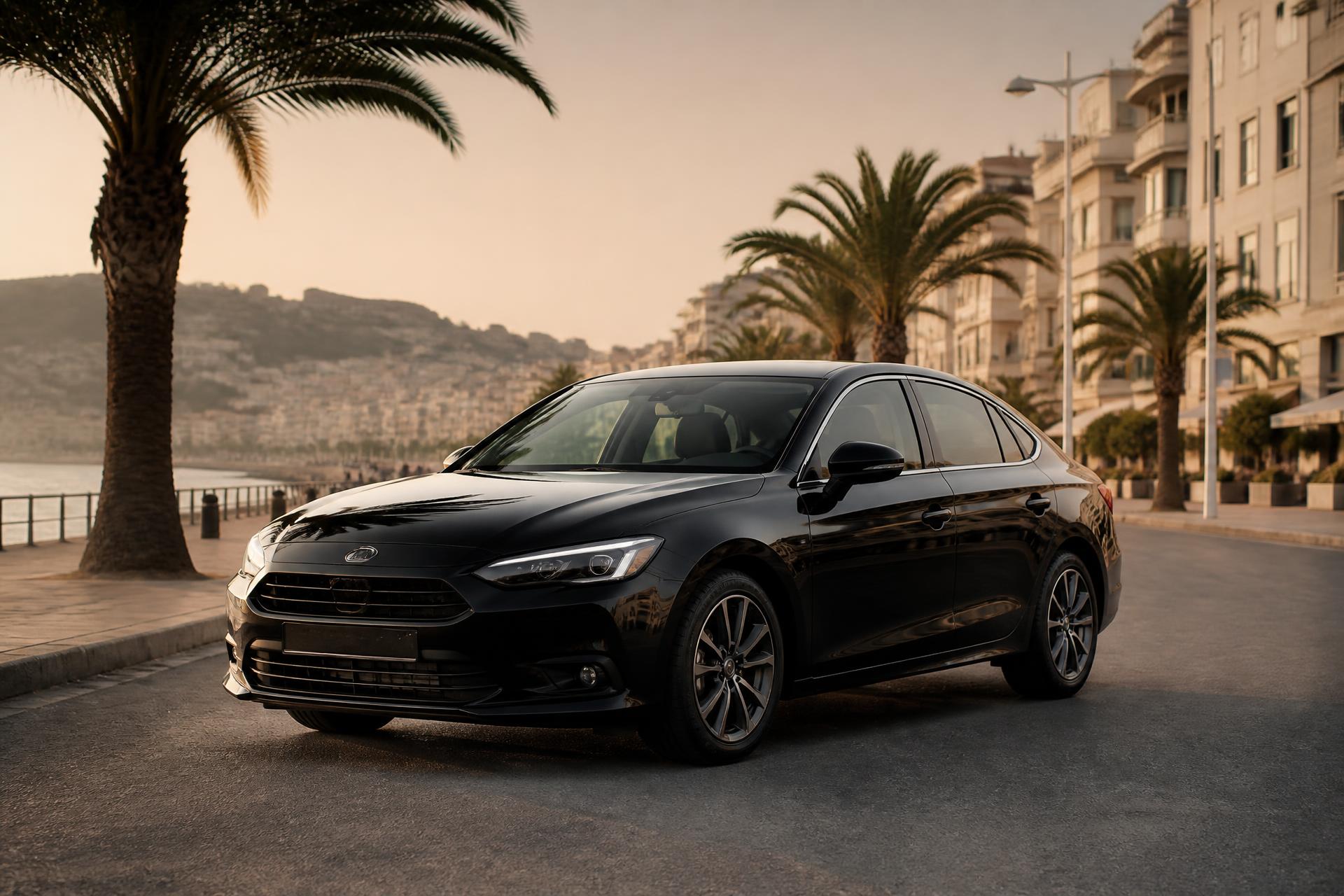 Voiture noire de location garée face à la baie de Tanger au coucher du soleil